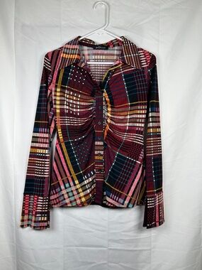 Goodtime USA Colorful Plaid a button Up Blouse Small Burgundy Pink Ruche